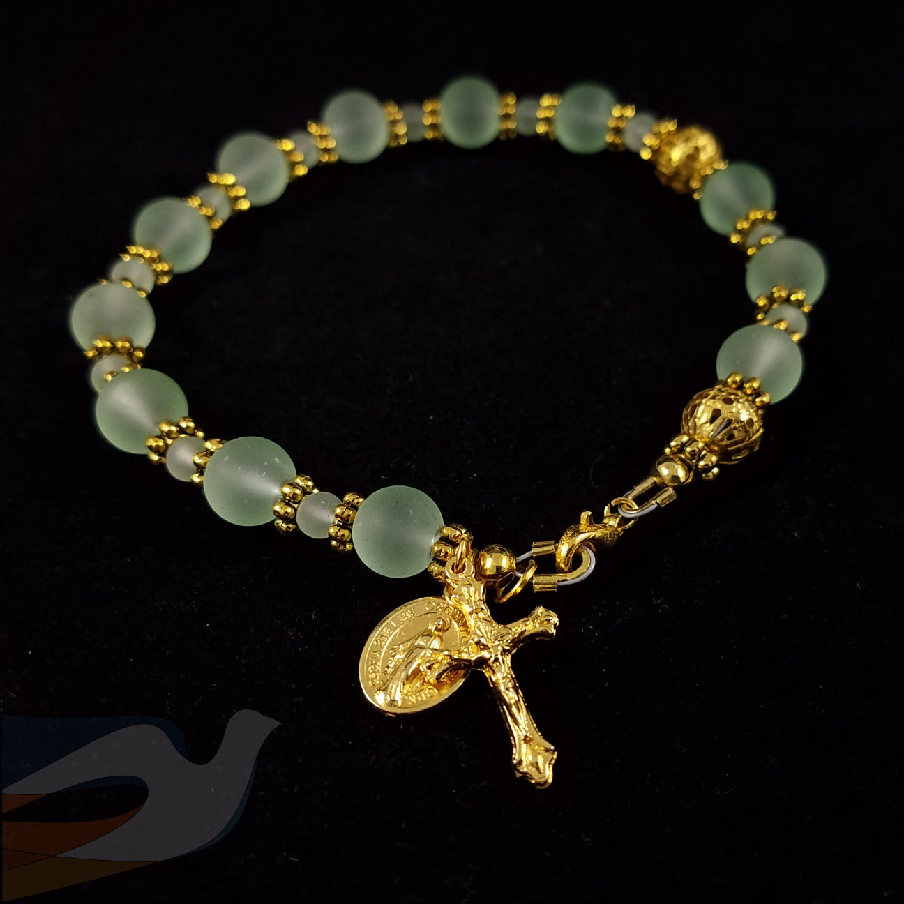 Green Sea Glass Bracelet with Crucifix and Virgin Mary medal