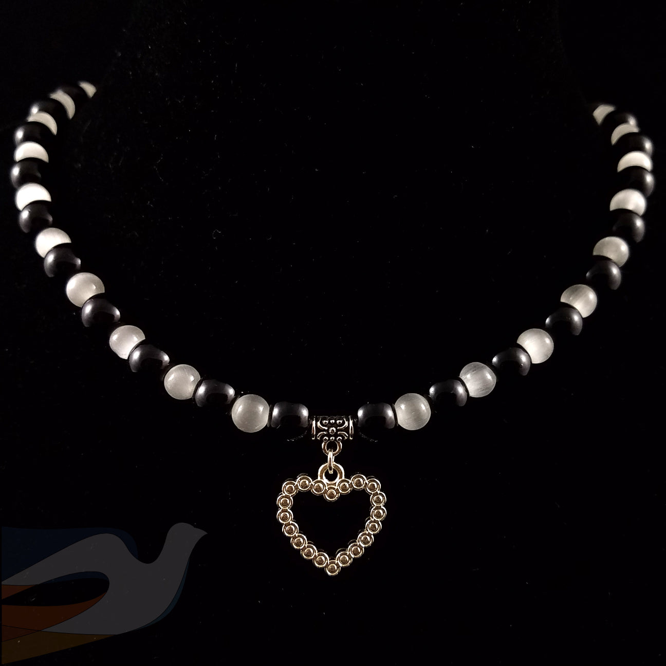 White Cats Eye and Black Glass, Crystal Heart Necklace