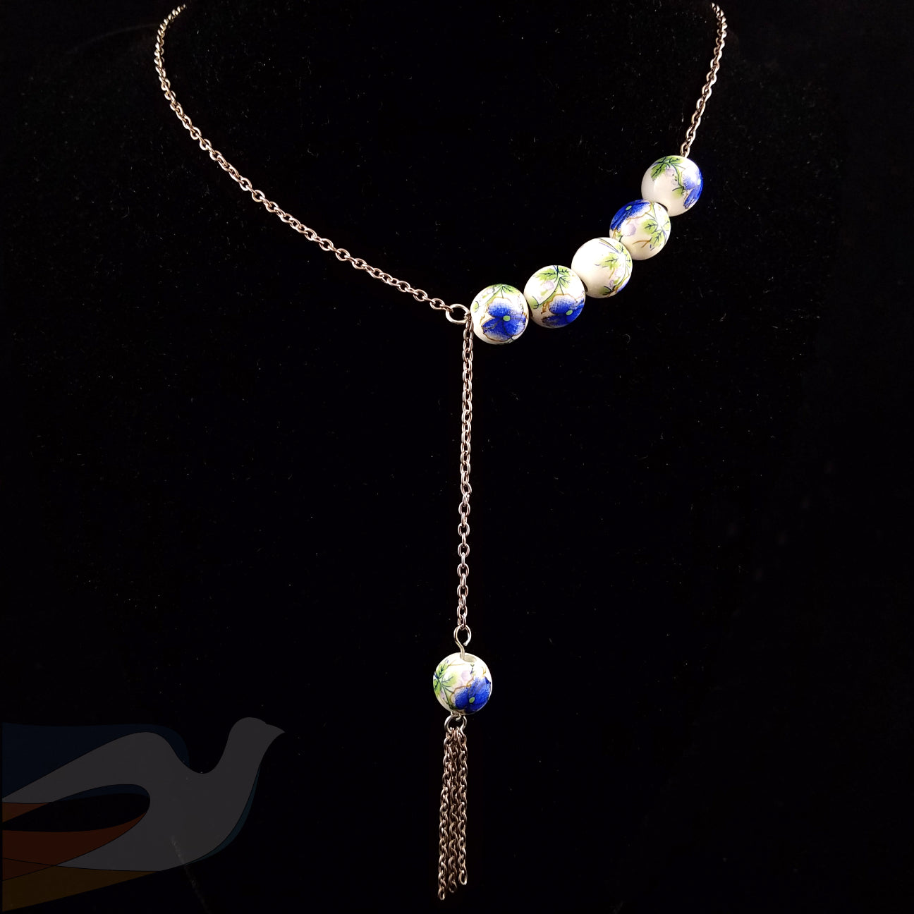 Handmade, Blue and White Flower Porcelain Bead Necklace