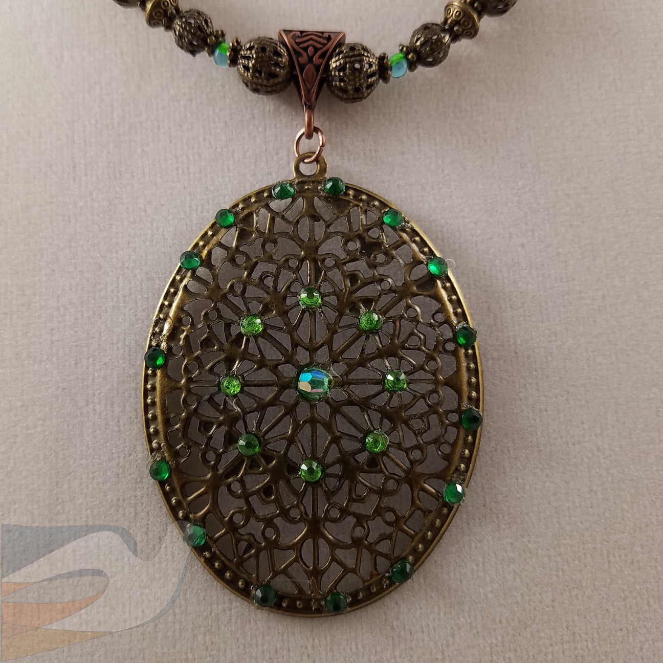 Antique Bronze and Green Crystal Necklace