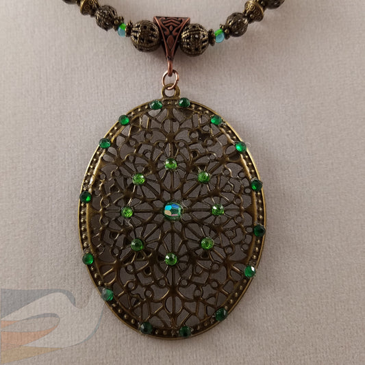 Antique Bronze and Green Crystal Necklace