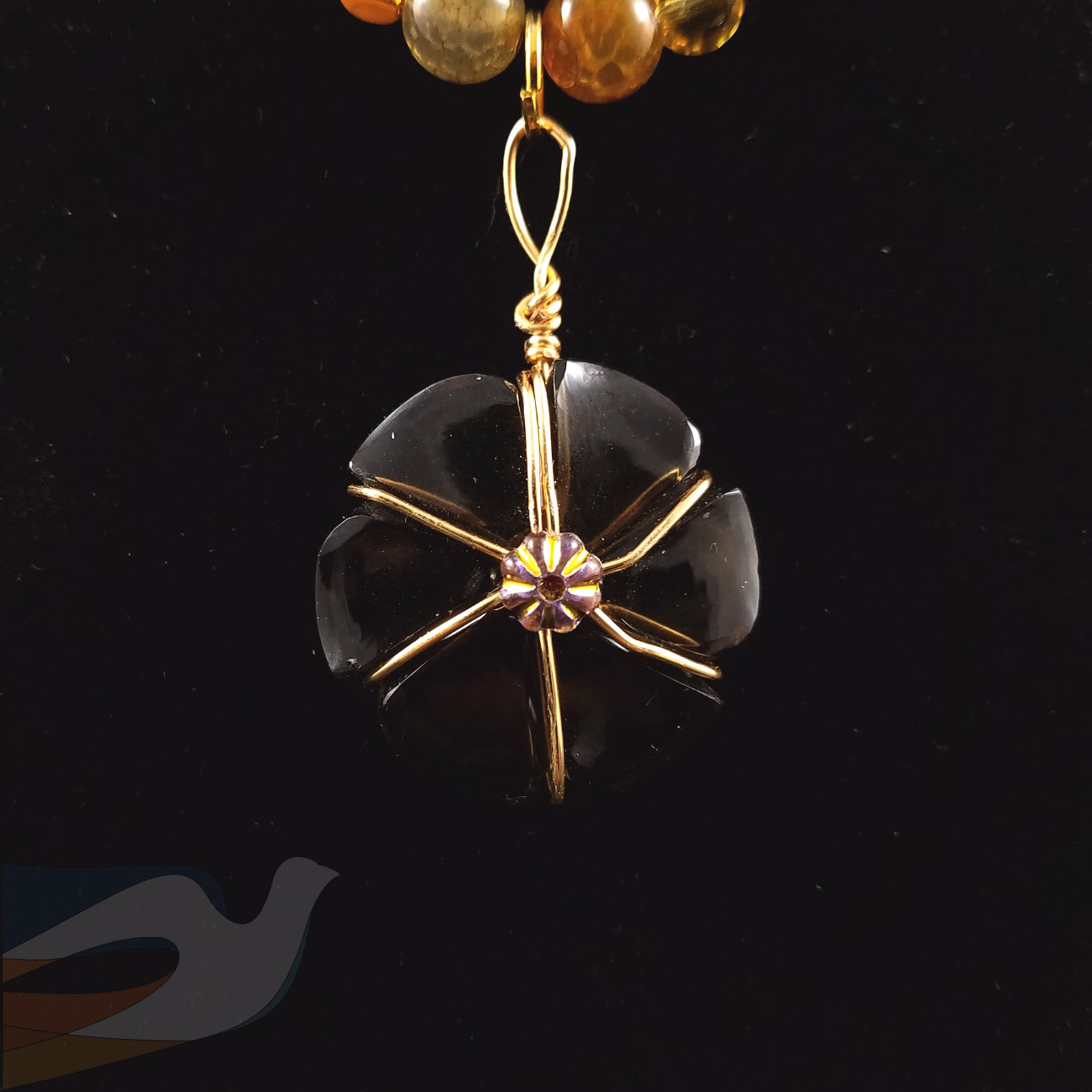 Smoky Quartz Hand Carved Flower with Agate Beads Necklace