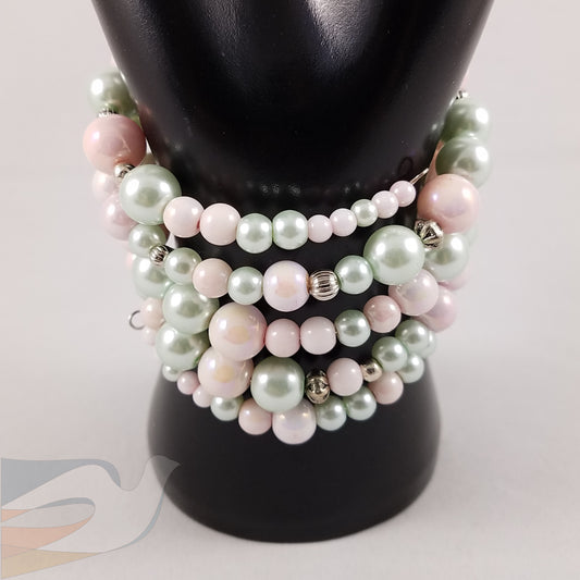 Glass Pearl pastel pink and green memory wire bracelet