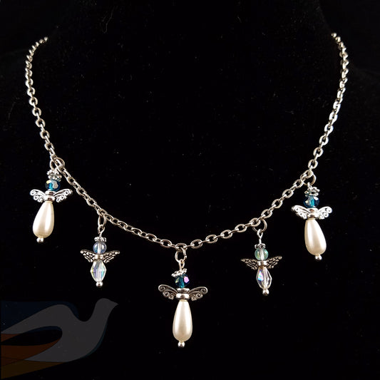 Glass Pearl and Crystal Angels Necklace