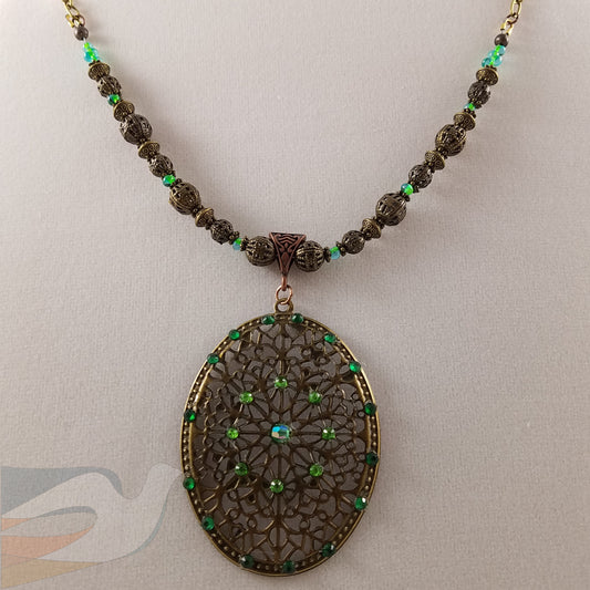 Antique Bronze and Green Crystal Necklace