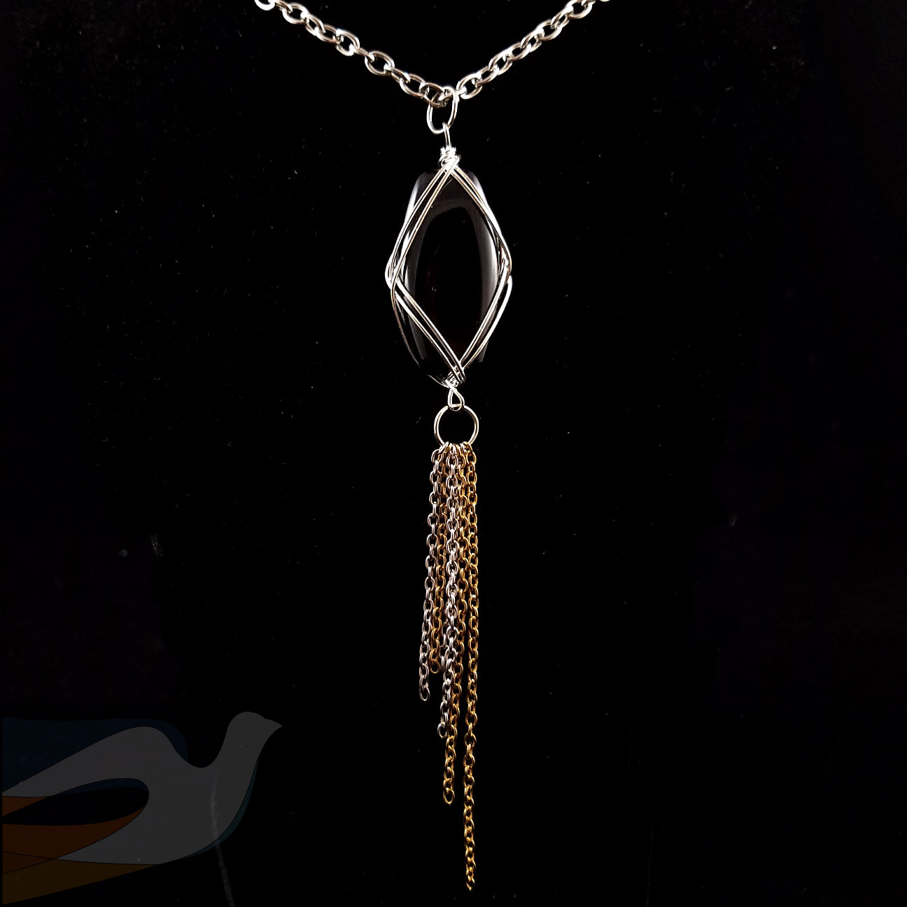 Black glass stone, Silver wire wrapping Necklace