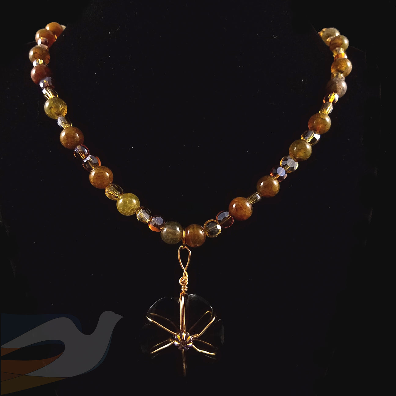 Smoky Quartz Hand Carved Flower with Agate Beads Necklace